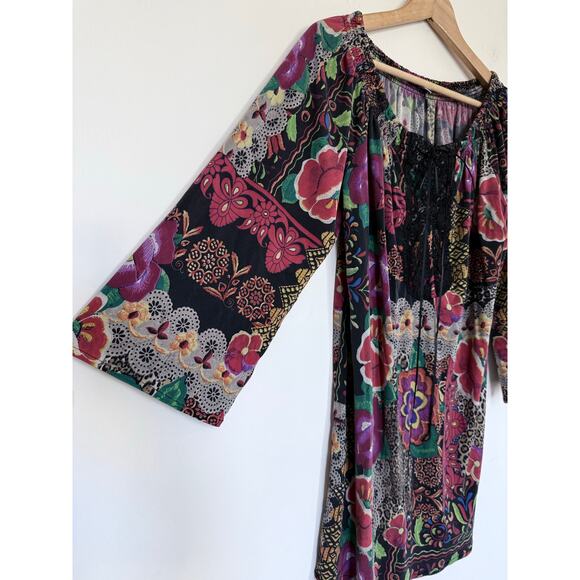 ALBERTO MAKALI floral leopard print black lace bell sleeve silk minidress - Picture 3 of 8